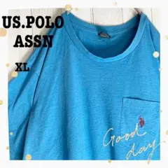 ブルー ポケット 古着 90s 半袖 Tシャツ ユーエスポロアッセン 刺繍ロゴ