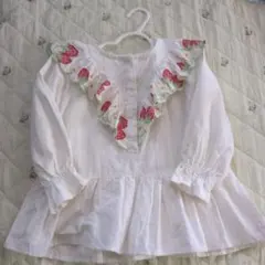 ラポッシェビスキュイ　イチゴ刺繍 ホワイト長袖ブラウス 100cm
