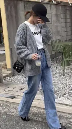 フロントスリットハイウエストデニムパンツ　ブルー