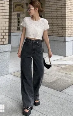 ハイウエストセミワイドデニムパンツ