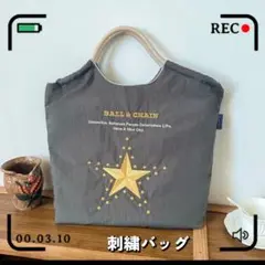 新品　L　ボールアンドチェーン 刺繍バッグ エコバッグ 星柄 韓国　バッグ