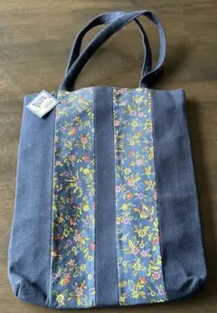 花柄　藍色　細身トートバッグ　レトロシック　新品