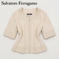 美品 フェラガモ リネン混 レザー切替 ノーカラー ジャケット L 48のサムネイル
