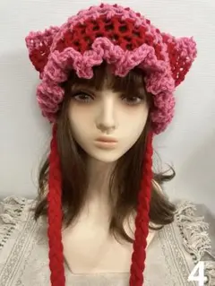 4猫耳ボーダーフリルニット帽ハンドメイド