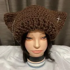 韓国 y2k スキー帽子 猫耳ニット帽 ブラウン 古着コーデ