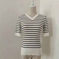 ストライプ Vネック 半袖ニット
