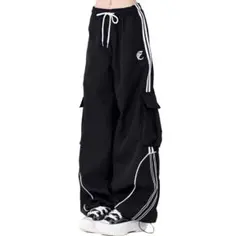 カーゴパンツ ジャージ ワイドパンツ 黒 韓国