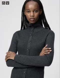 【美品】UNIQLO Uダークグレー リブ編み 長袖カーディガン