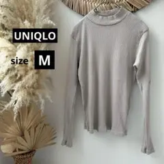 【ユニクロ】リブハイネックTシャツ(長袖)・フィットカットソー◇グレージュ・M