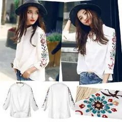 ★今春夏トレンド★　花柄　刺繍　ブラウス　白　Lサイズ　送料無料