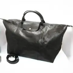 【美品】ロンシャン 販売終了モデル プリアージュ 黒 レザー バッグ ホース柄