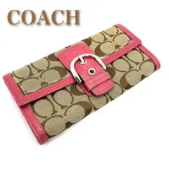 COACH コーチ シグネチャー × ピンク レザー ラウンドファスナー 長財布