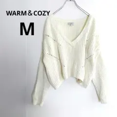 WARM＆COZY ふわふわ ニット Vネック セーター 白 クロップド丈 M