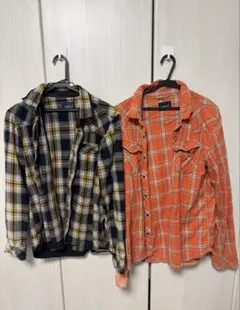 ニコルクラブ　チェックシャツ2枚セット　茶46 橙50