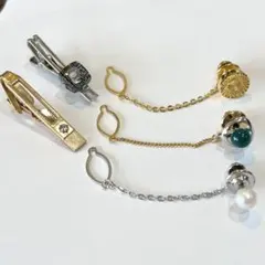 装飾付きネクタイピン チェーン付き　セット　昭和レトロ