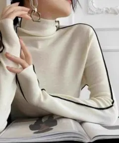 【ホワイト】サイドライン ハイネックニット トップス タートルネック ニット