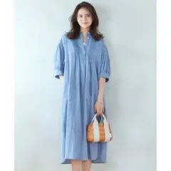 美品✨定価1.4万❤️ 麻 青 ロッソ リボンスリーブギャザーワンピース 