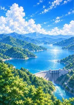 【イラスト】青い湖とダムの風景 アートポスター