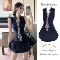 チェック柄ネクタイ付き ネイビー ノースリーブワンピース