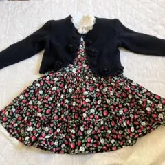 お花モチーフと毛糸のポンポンが可愛い ブラックカーディガン M メゾピアノ