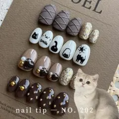 【202】20本セットまとめ売り 猫ネイルチップ 猫デザイン チェック柄