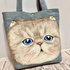 ゆ*ら様 コヤンイサムチョン　オッドアイねこ　デニムリメイクトートバッグ コヤンイサムチョン 午後クラスの出席簿 オッドアイ デニムリメイク