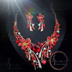 レッド ネックレス ピアス セット 大ぶり豪華 高見え 演奏会 ダンス ドレス