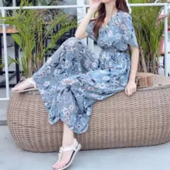 リゾートワンピース　サマードレス　ハイウエスト　サマーロングワンピース　マキシ丈