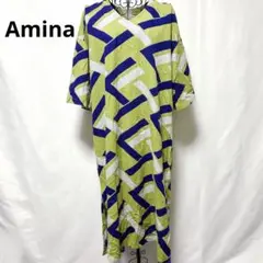 アミナ / ロング ワンピース 半袖 インド製 麻ブレンド 総柄 配色カラー