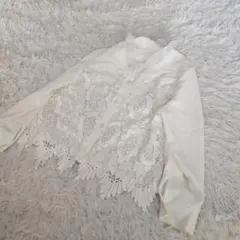 シャツ ブラウス 刺繍 レース オフホワイト 長袖 フリル