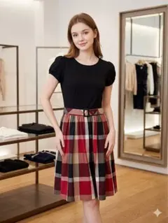 ブルーレーベルクレストブリッジ ウエストベルト チェック　ひざ丈ワンピース