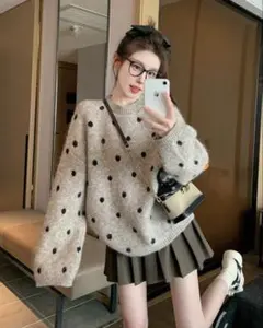 新品★ カーキ色の水玉模様のプルオーバーセーター、秋冬の新作厚手ニットセーター