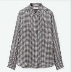 【美品】UNIQLOプレミアムリネンチェックシャツ（長袖）ネイビー