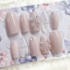 【現品】 ピンクベージュ × ラメグラ ネイルチップ No.60