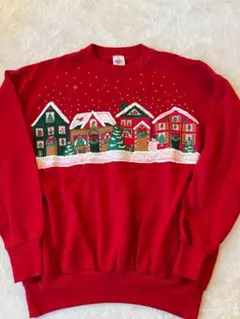 USA古着 雪降る街並み　クリスマススウェット　XL