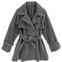 襟2Wayリボンベルト付きフェイクウールトレンチコート