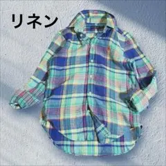 ラルフローレン リネンシャツ マドラスチェック 長袖 S ワンポイント刺繍
