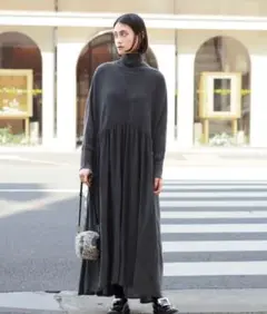 ELFRANK ニットタートルロングワンピース　ダークグレー