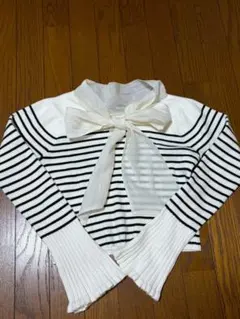り*り様 NICE CLAUP　リボン付き白黒ストライプ長袖トップス