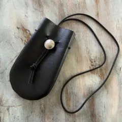 巾着 ネックレスバッグ 本革 ディアスキン ブラック
