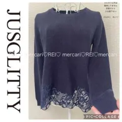 ジャスグリッティー レース　刺繍　ニット　長袖　ネイビー　アルページュ