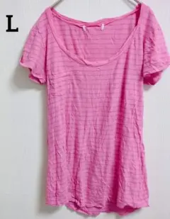 古着 ピンク ストライプ Tシャツ オフショルダー