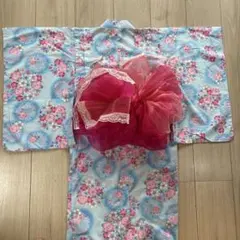 浴衣 110cm 花柄水色　小物　レース帯２枚セット