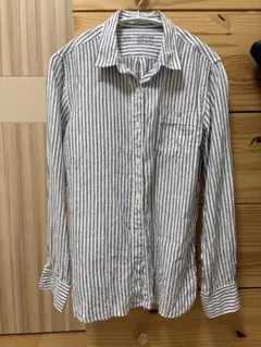 無印良品 洗いざらしフレンチリネン長袖シャツ ストライプブルー Lサイズのサムネイル