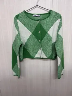 ZARA アーガイル柄 ニットカーディガン グリーン