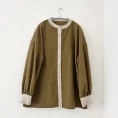 ◇福岡ブランド◇フリル◇異素材切替長袖ブラウス◇フレア◇カーキ 