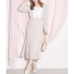 【新品】トッコクローゼット パール飾り釦付きヨーク切り替え配色ワンピースベージュ