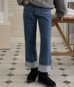 SONA 韓国 ロールアップ ストレートデニム パンツ Lサイズ