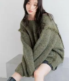 ローリーズファーム　2WAYフリンジメランジLS　ニット　グリーン　カーキ
