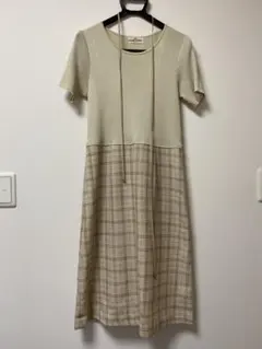 ベージュ チェック柄 カットソーワンピース 半袖